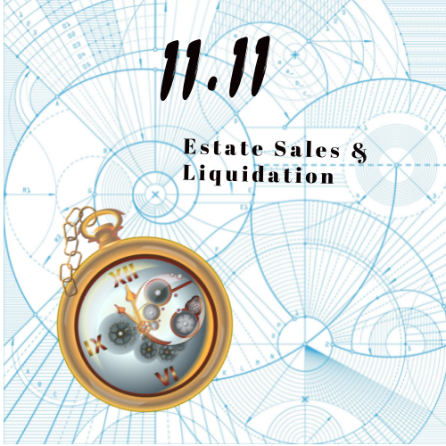 A circular image describing a gold watch on a spiraling blue background, it includes the text 11.11 Estate Sales & Liquidation. It is the logo for the company 11.11.  